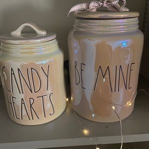 RAE DUNN CANDY HEARTS AND BE MINE CANISTER (both iridescent, be mine is pink)